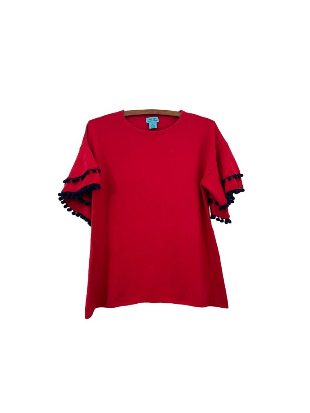Two Bees Cashmere Womens Red Blue Layered  Pom Pom Trim Sleeve Top Size Medium